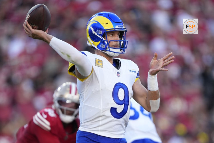 Nov 9, 2025; Santa Clara, California, USA; Los Angeles Rams quarterback Matthew Stafford (9) throws a pass during the second quarter against the San Francisco 49ers at Levi's Stadium. Credit: Kyle Terada-Imagn Images