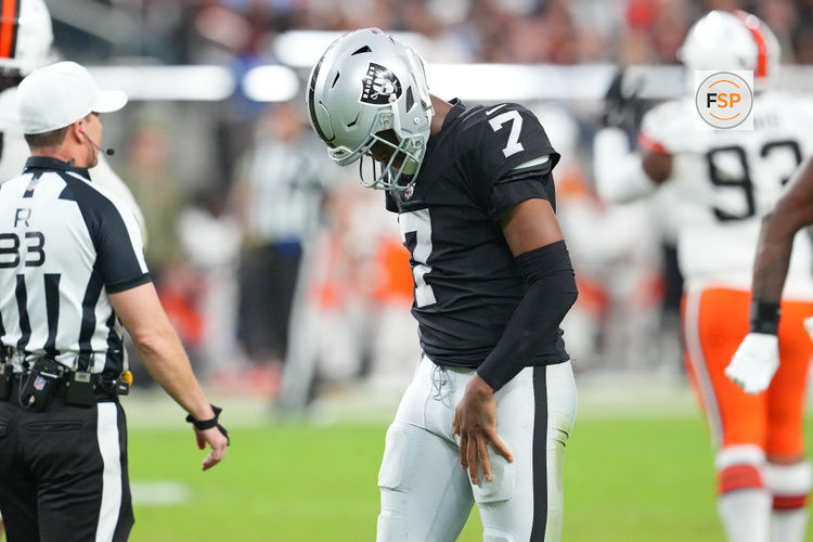 Nov 23, 2025; Paradise, Nevada, USA; Las Vegas Raiders quarterback Geno Smith (7) reacts after failing to convert against the Cleveland Browns during the fourth quarter at Allegiant Stadium. Credit: Stephen R. Sylvanie-Imagn Images