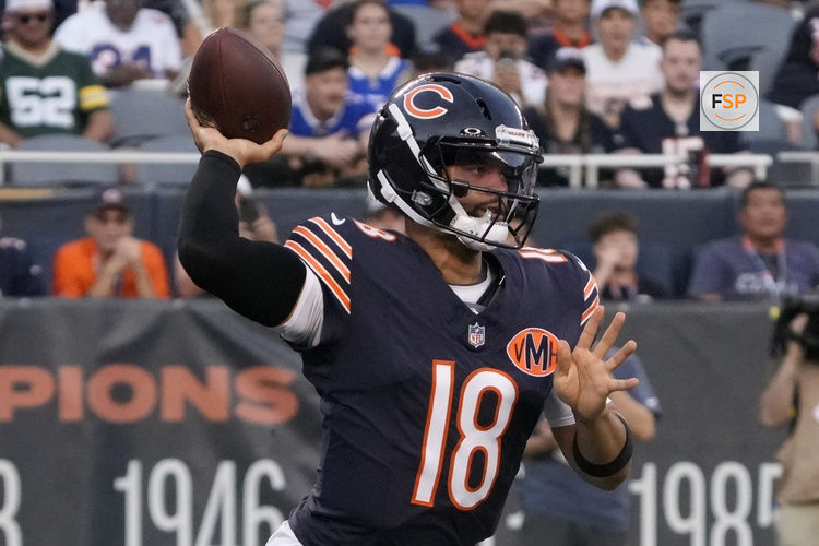 Aug 17, 2025; Chicago, Illinois, USA; Chicago Bears quarterback Caleb Williams (18) looks to pass the ball against the Buffalo Bills during the first quarter at Soldier Field. Credit: David Banks-Imagn Images