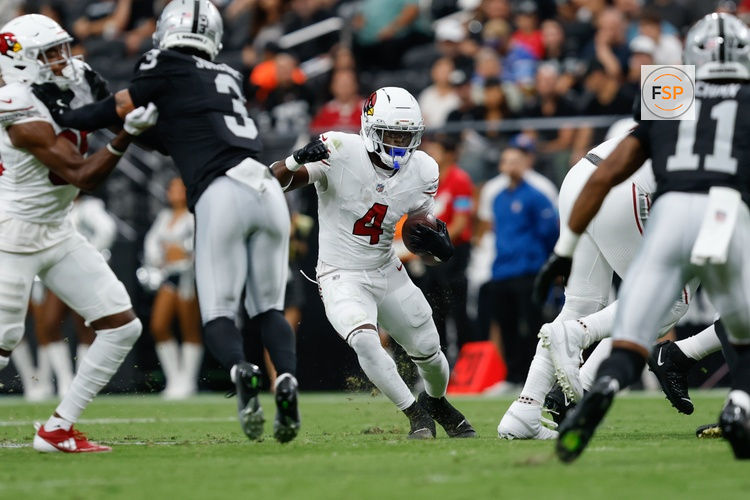 Aug 13, 2026; Paradise, Nevada, USA; Arizona Cardinals running back Jeremiyah Love (4) runs during a preseason game against the Las Vegas Raiders at Allegiant Stadium. Credit: David Brytus-Imagn Images