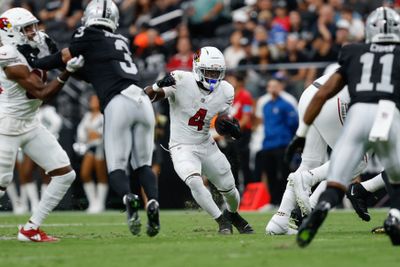 Aug 13, 2026; Paradise, Nevada, USA; Arizona Cardinals running back Jeremiyah Love (4) runs during a preseason game against the Las Vegas Raiders at Allegiant Stadium. Mandatory Credit: David Brytus-Imagn Images