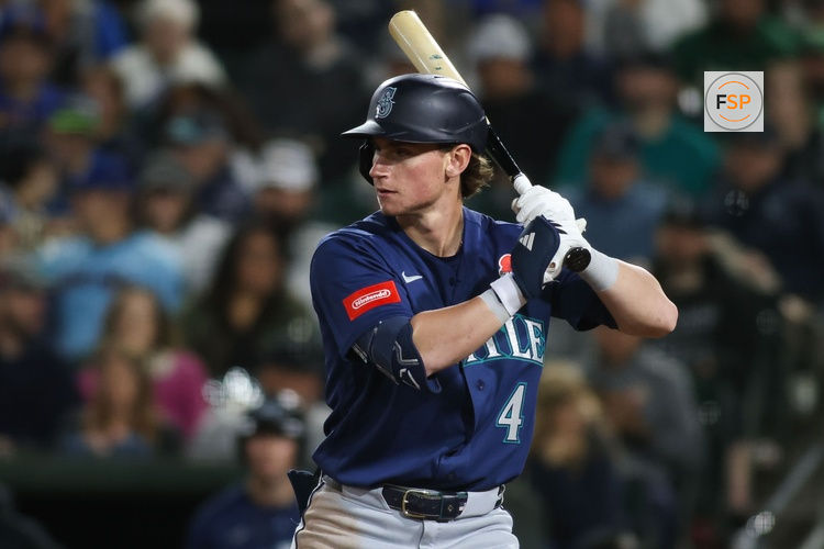 May 25, 2026; West Sacramento, California, USA; Seattle Mariners third baseman Colt Emerson (4) bats during the eighth inning against the Athletics at Sutter Health Park. Credit: Scott Marshall-Imagn Images