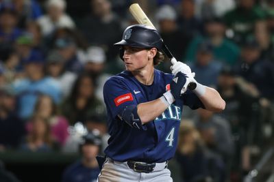 May 25, 2026; West Sacramento, California, USA; Seattle Mariners third baseman Colt Emerson (4) bats during the eighth inning against the Athletics at Sutter Health Park. Mandatory Credit: Scott Marshall-Imagn Images