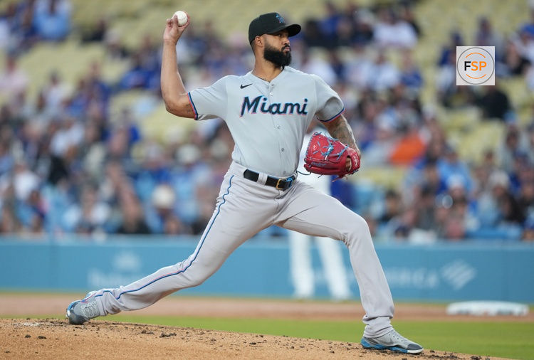 Apr 29, 2025; Los Angeles, California, USA; Miami Marlins pitcher Sandy Alcantara (22) throws during the first inning against the Los Angeles Dodgers at Dodger Stadium. Credit: Kirby Lee-Imagn Images