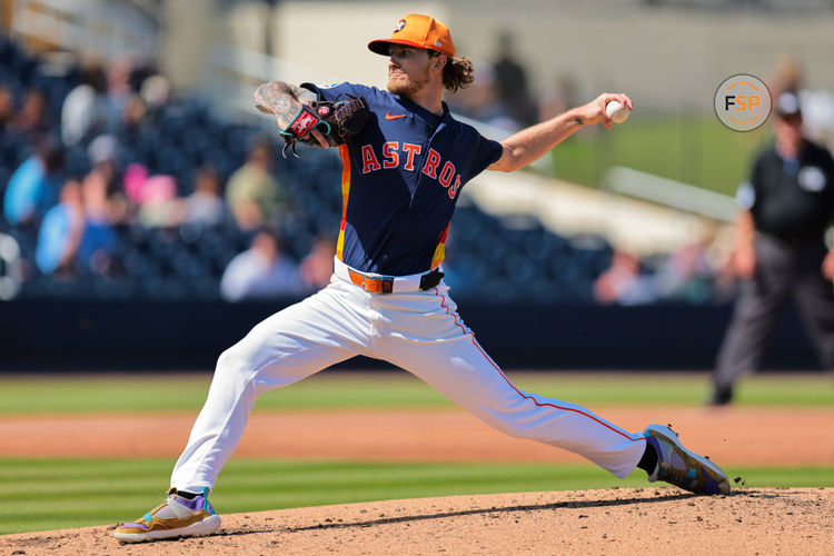 Mar 2, 2025; West Palm Beach, Florida, USA; Houston Astros relief pitcher Josh Hader (71) delivers a pitch against the Washington Nationals during the third inning at CACTI Park of the Palm Beaches. Credit: Sam Navarro-Imagn Images