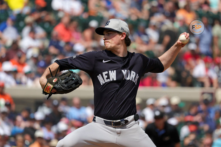 Mar 13, 2025; Lakeland, Florida, USA; New York Yankees pitcher Max Fried (54) pitches during the second inning against the Detroit Tigers at Publix Field at Joker Marchant Stadium. Credit: Mike Watters-Imagn Images