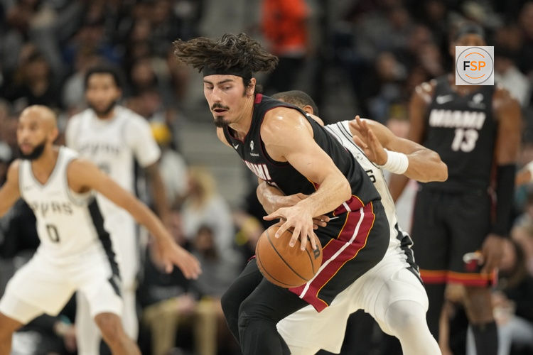 Oct 30, 2025; San Antonio, Texas, USA; Miami Heat guard Jaime Jaquez Jr. (11) controls the ball during the first half against the San Antonio Spurs at Frost Bank Center. Credit: Scott Wachter-Imagn Images
