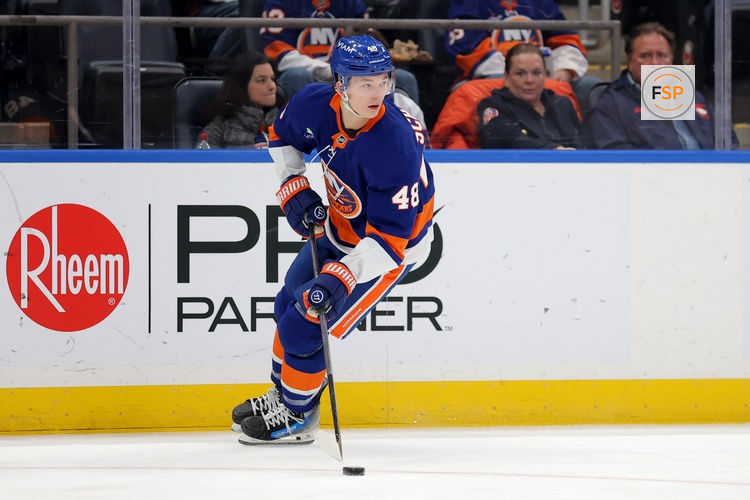 Dec 2, 2025; Elmont, New York, USA; New York Islanders defenseman Matthew Schaefer (48) skates with the puck against the Tampa Bay Lightning during the first period at UBS Arena. Credit: Brad Penner-Imagn Images