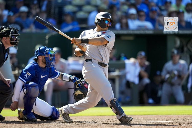 May 25, 2026; Kansas City, Missouri, USA; New York Yankees center fielder Trent Grisham (12) bats during the eighth inning against the Kansas City Royals at Kauffman Stadium. Credit: Jay Biggerstaff-Imagn Images
