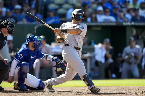 May 25, 2026; Kansas City, Missouri, USA; New York Yankees center fielder Trent Grisham (12) bats during the eighth inning against the Kansas City Royals at Kauffman Stadium. Mandatory Credit: Jay Biggerstaff-Imagn Images