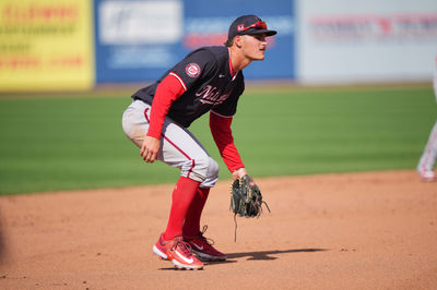 Mar 15, 2024; Port St. Lucie, Florida, USA; Washington Nationals third baseman Brady House (55) participates in the Spring Breakout game against the New York Mets at Clover Park. Mandatory Credit: Jim Rassol-USA TODAY Sports