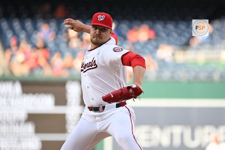 Jun 1, 2026; Washington, District of Columbia, USA; Washington Nationals pitcher Cade Cavalli (24) throws a pitch against the Miami Marlins during the first inning at Nationals Park. Credit: Rafael Suanes-Imagn Images