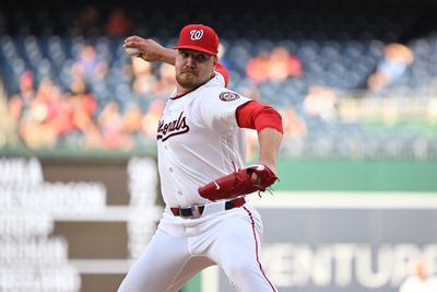 Jun 1, 2026; Washington, District of Columbia, USA; Washington Nationals pitcher Cade Cavalli (24) throws a pitch against the Miami Marlins during the first inning at Nationals Park. Mandatory Credit: Rafael Suanes-Imagn Images
