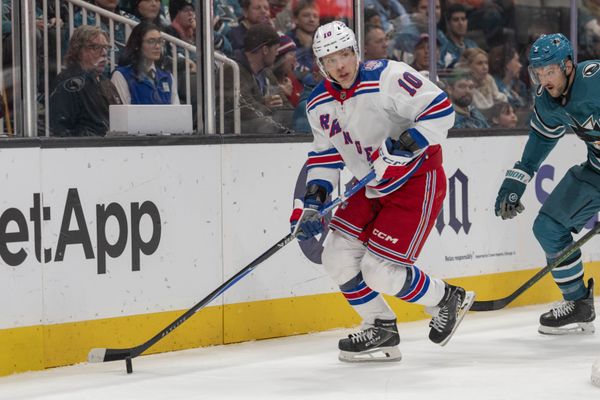 Jan 23, 2026; San Jose, California, USA;  New York Rangers left wing Artemi Panarin (10) looks to pass the puck during the third period against the San Jose Sharks at SAP Center at San Jose. Mandatory Credit: Stan Szeto-Imagn Images