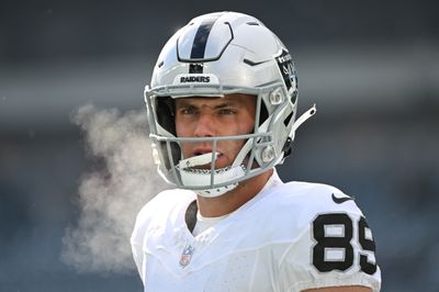 Dec 14, 2025; Philadelphia, Pennsylvania, USA; Las Vegas Raiders tight end Brock Bowers (89) looks on before the game against the Philadelphia Eagles at Lincoln Financial Field. Mandatory Credit: Eric Hartline-Imagn Images
