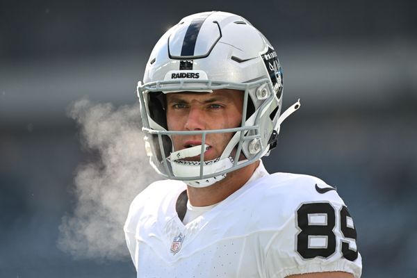 Dec 14, 2025; Philadelphia, Pennsylvania, USA; Las Vegas Raiders tight end Brock Bowers (89) looks on before the game against the Philadelphia Eagles at Lincoln Financial Field. Mandatory Credit: Eric Hartline-Imagn Images