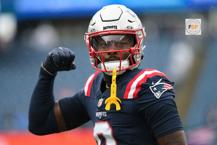 Sep 7, 2025; Foxborough, Massachusetts, USA; New England Patriots wide receiver Stefon Diggs (8) practices before the game against the Las Vegas Raiders at Gillette Stadium. Credit: Bob DeChiara-Imagn Images