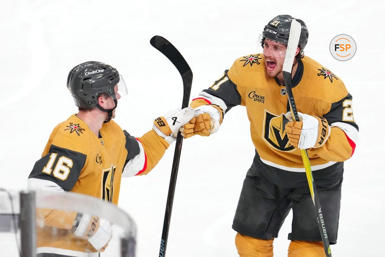 May 12, 2026; Las Vegas, Nevada, USA; Vegas Golden Knights right wing Pavel Dorofeyev (16) celebrates with center Brett Howden (21) after scoring a goal against the Anaheim Ducks during an overtime period to give the Golden Knights a 3-2 victory in game five of the second round of the 2026 Stanley Cup Playoffs at T-Mobile Arena. Credit: Stephen R. Sylvanie-Imagn Images