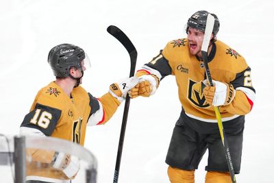 May 12, 2026; Las Vegas, Nevada, USA; Vegas Golden Knights right wing Pavel Dorofeyev (16) celebrates with center Brett Howden (21) after scoring a goal against the Anaheim Ducks during an overtime period to give the Golden Knights a 3-2 victory in game five of the second round of the 2026 Stanley Cup Playoffs at T-Mobile Arena. Mandatory Credit: Stephen R. Sylvanie-Imagn Images