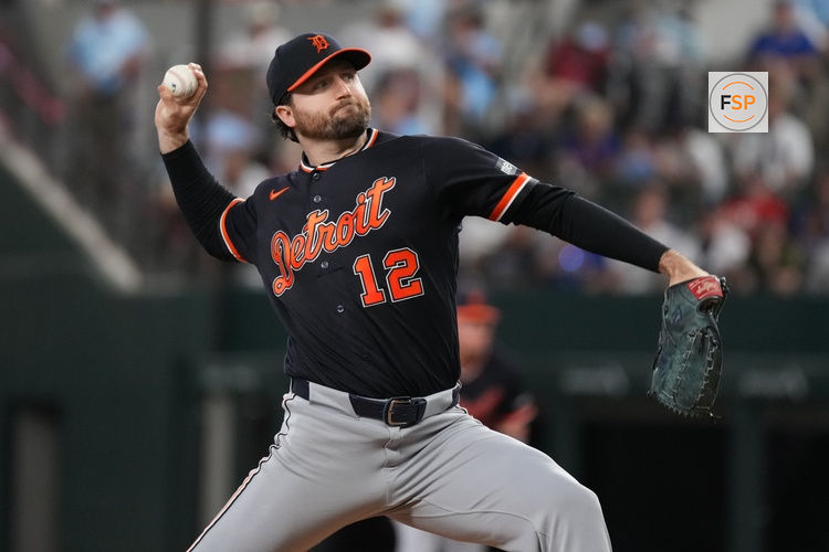 Jul 5, 2026; Arlington, Texas, USA;  Detroit Tigers pitcher Casey Mize (12) throws to the plate against the Texas Rangers during the first inning at Globe Life Field. Credit: Raymond Carlin III-Imagn Images
