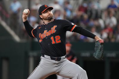 Jul 5, 2026; Arlington, Texas, USA;  Detroit Tigers pitcher Casey Mize (12) throws to the plate against the Texas Rangers during the first inning at Globe Life Field. Mandatory Credit: Raymond Carlin III-Imagn Images