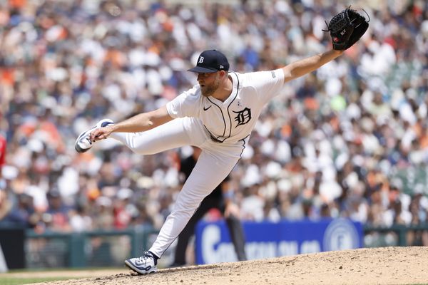 Jun 15, 2025; Detroit, Michigan, USA;  Detroit Tigers pitcher Will Vest (19) pitches in the eighth inning against the Cincinnati Reds at Comerica Park. Mandatory Credit: Rick Osentoski-Imagn Images