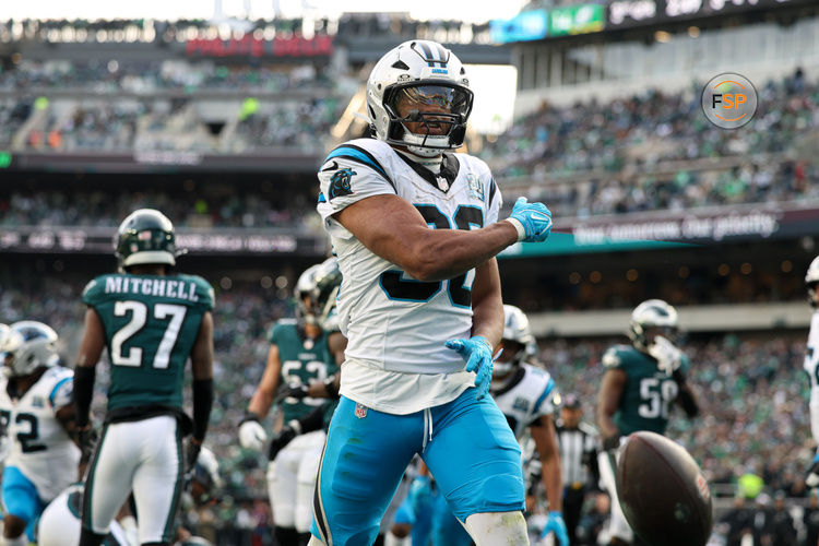 Dec 8, 2024; Philadelphia, Pennsylvania, USA;  Carolina Panthers running back Chuba Hubbard (30) reacts to his touchdown run against the Philadelphia Eagles during the third quarter at Lincoln Financial Field. Credit: Bill Streicher-Imagn Images