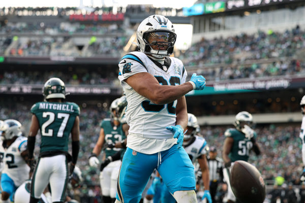 Dec 8, 2024; Philadelphia, Pennsylvania, USA;  Carolina Panthers running back Chuba Hubbard (30) reacts to his touchdown run against the Philadelphia Eagles during the third quarter at Lincoln Financial Field. Mandatory Credit: Bill Streicher-Imagn Images