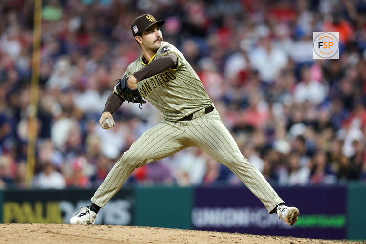 CLEVELAND, OH - JULY 20: San Diego Padres starting pitcher Dylan Cease (84) delivers a pitch to the plate during the seventh  inning of the Major League Baseball Interleague game between the San Diego Padres and Cleveland Guardians on July 20, 2024, at Progressive Field in Cleveland, OH. (Photo by Frank Jansky/Icon Sportswire)