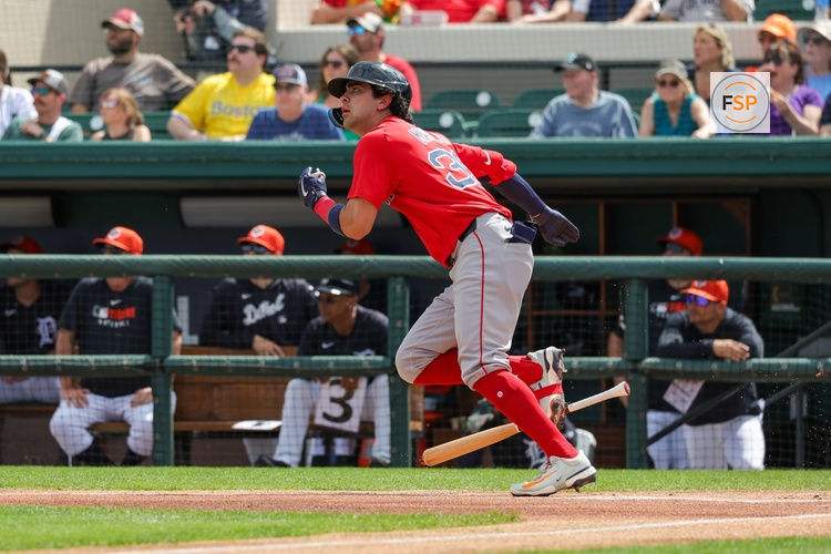 Feb 27, 2025; Lakeland, Florida, USA; Boston Red Sox third baseman Marcelo Mayer (39) watches his fly ball during the first inning against the Detroit Tigers at Publix Field at Joker Marchant Stadium. Credit: Mike Watters-Imagn Images