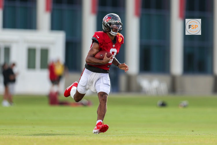 Aug 1, 2025; Tampa, FL, USA; Tampa Bay Buccaneers wide receiver Emeka Egbuka (9) participates in training camp at AdventHealth Training Center. Credit: Nathan Ray Seebeck-Imagn Images