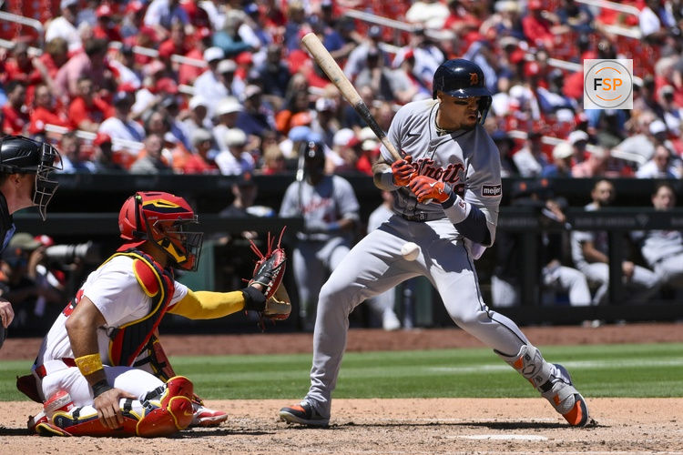 May 21, 2025; St. Louis, Missouri, USA;  Detroit Tigers center fielder Javier Baez (28) is hit by a pitch by St. Louis Cardinals relief pitcher Phil Maton (not pictured) during the seventh inning at Busch Stadium. Credit: Jeff Curry-Imagn Images