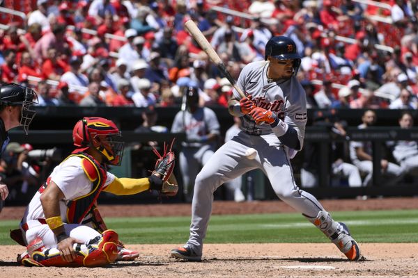 May 21, 2025; St. Louis, Missouri, USA;  Detroit Tigers center fielder Javier Baez (28) is hit by a pitch by St. Louis Cardinals relief pitcher Phil Maton (not pictured) during the seventh inning at Busch Stadium. Mandatory Credit: Jeff Curry-Imagn Images