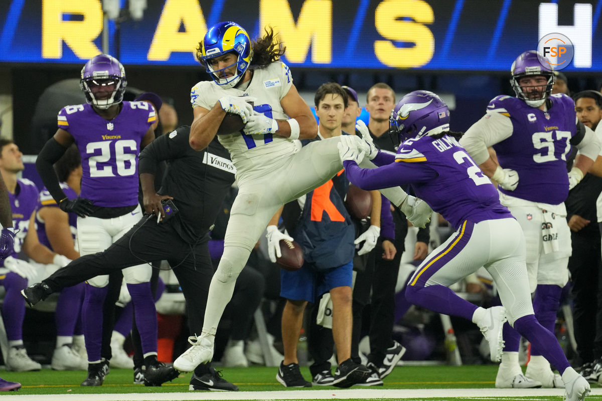 Oct 24, 2024; Inglewood, California, USA; Los Angeles Rams wide receiver Puka Nacua (17) catches a pass against Minnesota Vikings cornerback Stephon Gilmore (2) in the second half at SoFi Stadium. Credit: Kirby Lee-Imagn Images