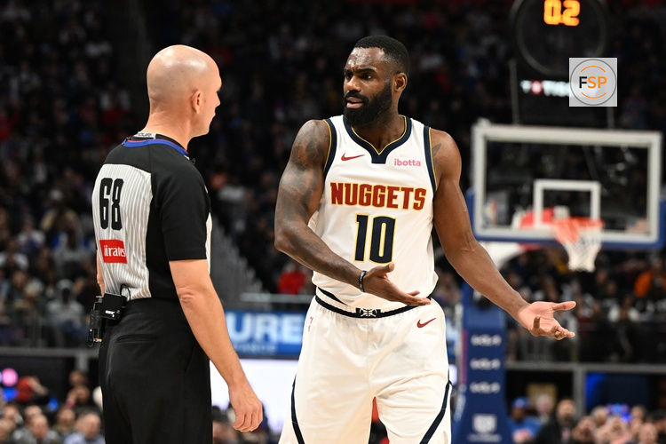 Feb 3, 2026; Detroit, Michigan, USA;  Denver Nuggets guard Tim Hardaway Jr. (10) argues with official Jacyn Goble (68) after getting called for a foul against the Detroit Pistons in the second quarter at Little Caesars Arena. Credit: Lon Horwedel-Imagn Images