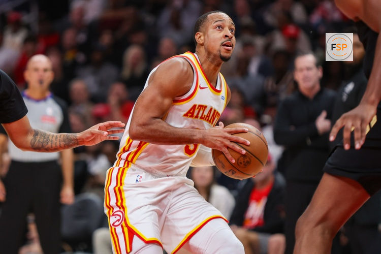 Oct 29, 2026; Atlanta, Georgia, USA; Atlanta Hawks guard CJ McCollum (3) drives to the basket against the Cleveland Cavaliers in the second quarter at State Farm Arena. Credit: Brett Davis-Imagn Images