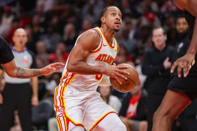 Oct 29, 2026; Atlanta, Georgia, USA; Atlanta Hawks guard CJ McCollum (3) drives to the basket against the Cleveland Cavaliers in the second quarter at State Farm Arena. Mandatory Credit: Brett Davis-Imagn Images