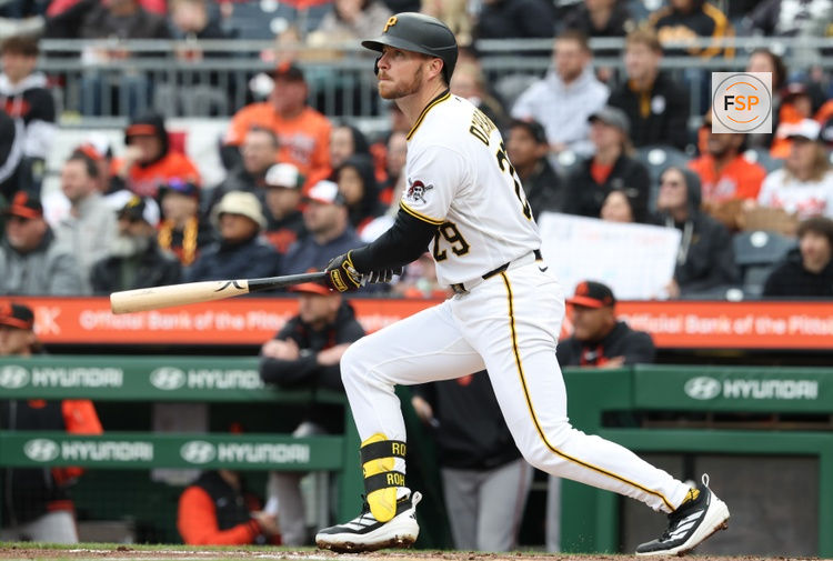 Apr 5, 2026; Pittsburgh, Pennsylvania, USA;  Pittsburgh Pirates right fielder Ryan O'Hearn (29)hits a two run double against the Baltimore Orioles during the second inning at PNC Park. Credit: Charles LeClaire-Imagn Images