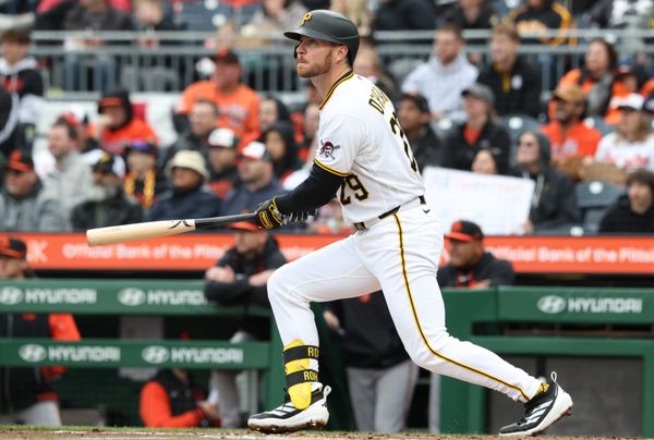 Apr 5, 2026; Pittsburgh, Pennsylvania, USA;  Pittsburgh Pirates right fielder Ryan O'Hearn (29)hits a two run double against the Baltimore Orioles during the second inning at PNC Park. Mandatory Credit: Charles LeClaire-Imagn Images