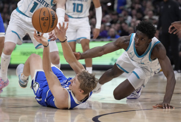 Nov 23, 2024; Milwaukee, Wisconsin, USA; Milwaukee Bucks guard AJ Green (20) and Charlotte Hornets forward Moussa Diabate (14) battle for possession of the ball in the second half at Fiserv Forum. Mandatory Credit: Michael McLoone-Imagn Images