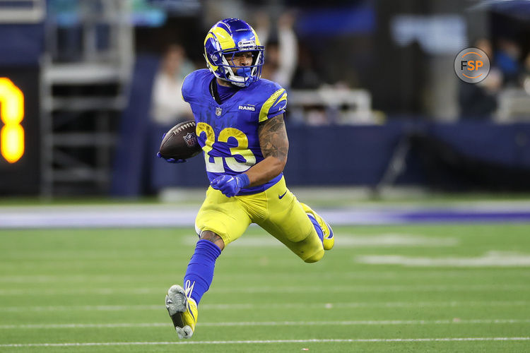 INGLEWOOD, CA - DECEMBER 21: Los Angeles Rams running back Kyren Williams (23) breaks loose on a run during the New Orleans Saints vs the Los Angeles Rams on December 21, 2023, at SoFi Stadium in Inglewood, CA. (Photo by Jevone Moore/Icon Sportswire)