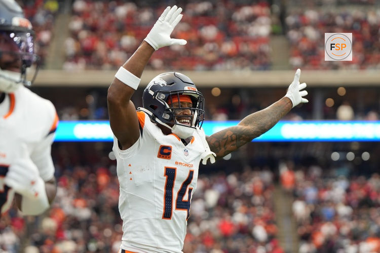 Nov 2, 2025; Houston, Texas, USA; Denver Broncos wide receiver Courtland Sutton (14) celebrates after a play during the first half against the Houston Texans at NRG Stadium. Credit: Sean Thomas-Imagn Images