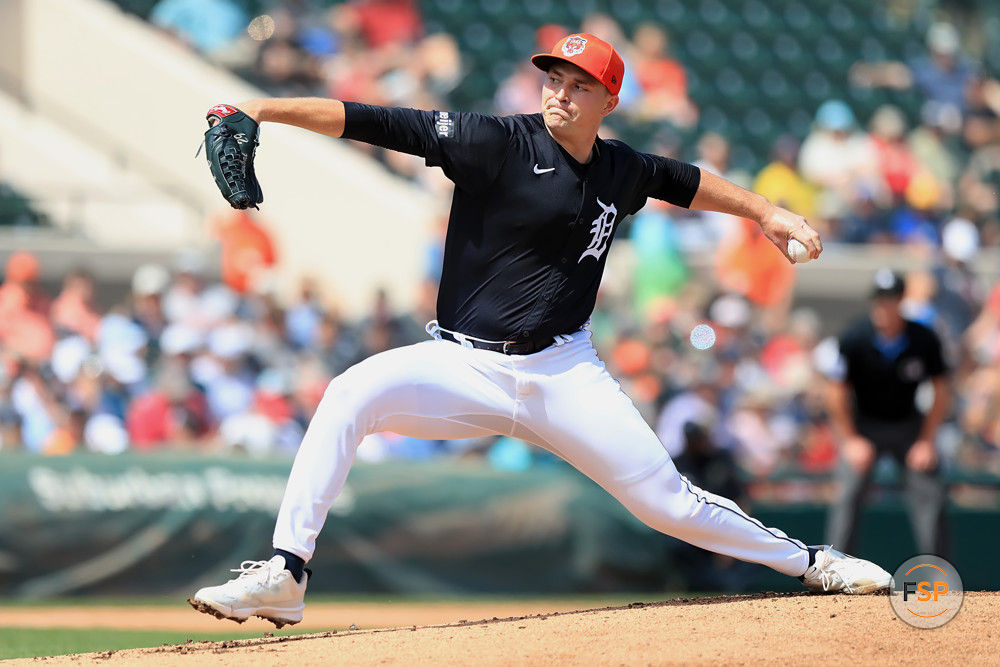 LAKELAND, FL - MARCH 04:  Detroit Tigers pitcher Tarik Skubal (29) delivers a pitch to the plate during the spring training game between the Boston Red Sox and the Detroit Tigers on March 04, 2024 at Publix Field at Joker Marchant Stadium in Lakeland, FL. (Photo by Cliff Welch/Icon Sportswire)