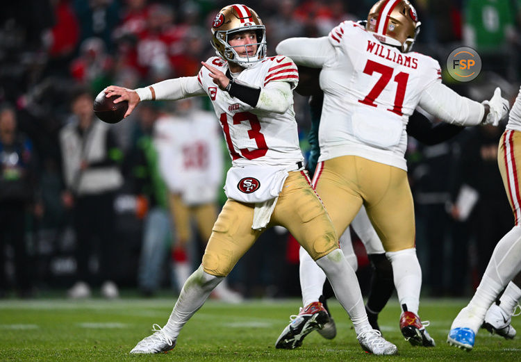 PHILADELPHIA, PA - DECEMBER 03: San Francisco 49ers Quarterback Brock Purdy (13) throws a pass in the second half during the game between the San Francisco 49ers and Philadelphia Eagles on December 03, 2023 at Lincoln Financial Field in Philadelphia, PA. (Photo by Kyle Ross/Icon Sportswire)