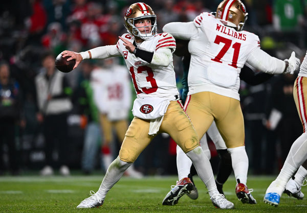 PHILADELPHIA, PA - DECEMBER 03: San Francisco 49ers Quarterback Brock Purdy (13) throws a pass in the second half during the game between the San Francisco 49ers and Philadelphia Eagles on December 03, 2023 at Lincoln Financial Field in Philadelphia, PA. (Photo by Kyle Ross/Icon Sportswire)