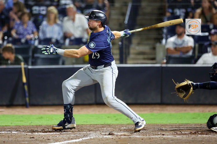 Sep 1, 2025; Tampa, Florida, USA; Seattle Mariners catcher Cal Raleigh (29) singles against the Tampa Bay Rays in the eighth inning at George M. Steinbrenner Field. Credit: Nathan Ray Seebeck-Imagn Images