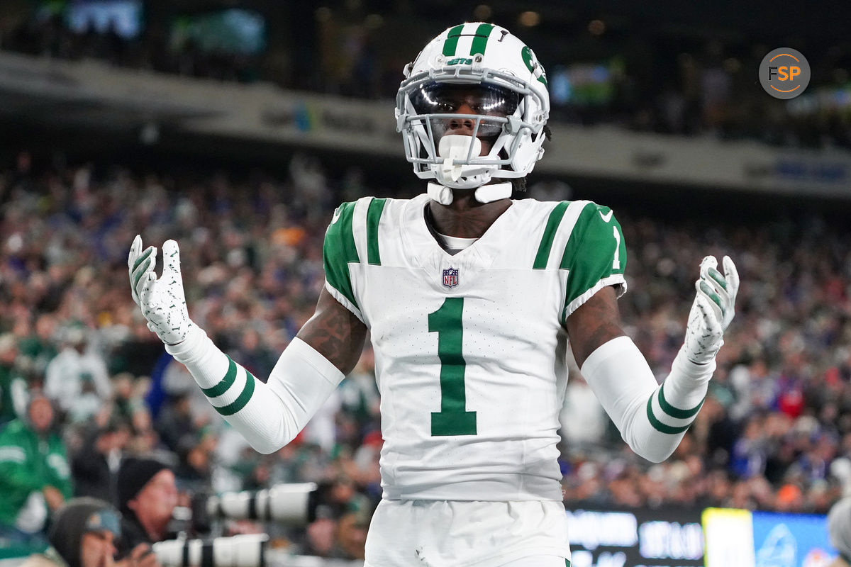 Oct 14, 2024; East Rutherford, New Jersey, USA; New York Jets cornerback Sauce Gardner (1) reacts to a call during the first half against the Buffalo Bills at MetLife Stadium. Credit: Lucas Boland-Imagn Images