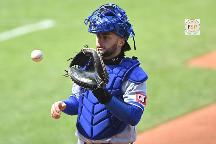 Apr 7, 2026; Cleveland, Ohio, USA; Kansas City Royals catcher Carter Jensen (22) stands on the field in the fifth inning against the Cleveland Guardians at Progressive Field. Credit: David Richard-Imagn Images