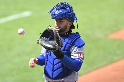 Apr 7, 2026; Cleveland, Ohio, USA; Kansas City Royals catcher Carter Jensen (22) stands on the field in the fifth inning against the Cleveland Guardians at Progressive Field. Mandatory Credit: David Richard-Imagn Images