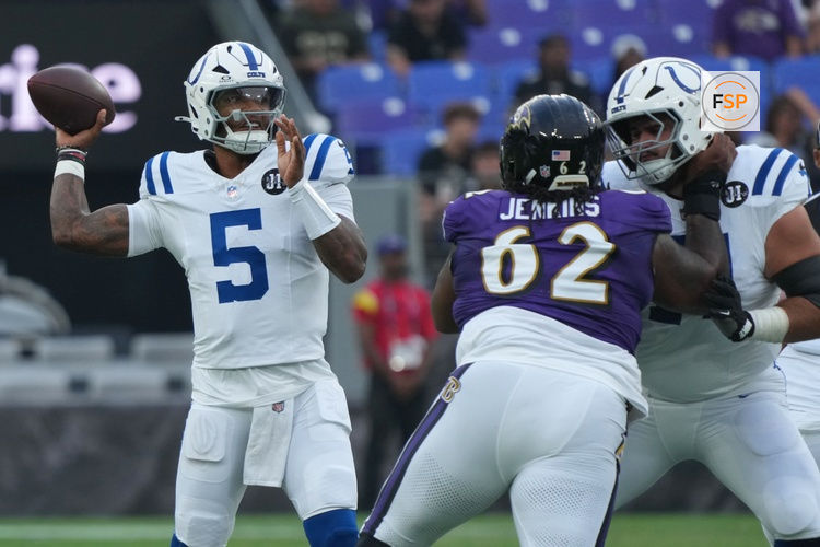 Aug 7, 2025; Baltimore, Maryland, USA; Indianapolis Colts quarterback Anthony Richardson Sr. (5) looks to pass during the first quarter pressured by Baltimore Ravens nose tackle John Jenkins (62) at M&T Bank Stadium. Credit: Mitch Stringer-Imagn Images